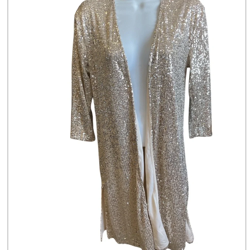 Maurice’s  longer cardigan XS  NWT special Occassion gold sequin duster